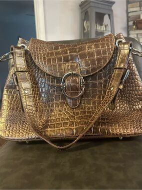 Charlie Lapson Croc-Embossed Metallic Brown Shoulder Bag